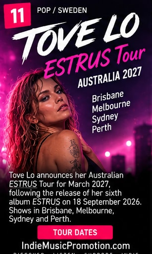 Tove Lo singing under vivid magenta stage lights during live performance.