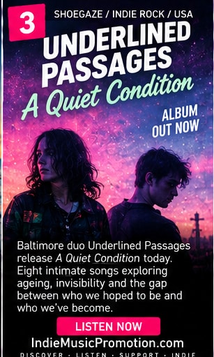 Underlined Passages duo under atmospheric pink and violet neon lighting.