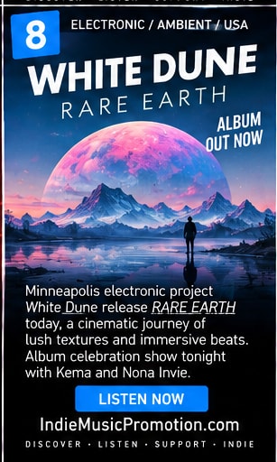 Cinematic planetary sphere rising above icy mountains with a lone silhouette.