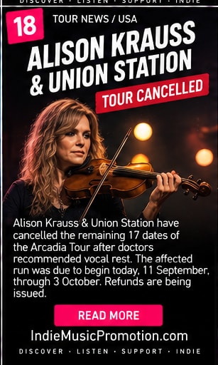 Alison Krauss playing violin beneath warm stage lights in tour cancellation artwork.