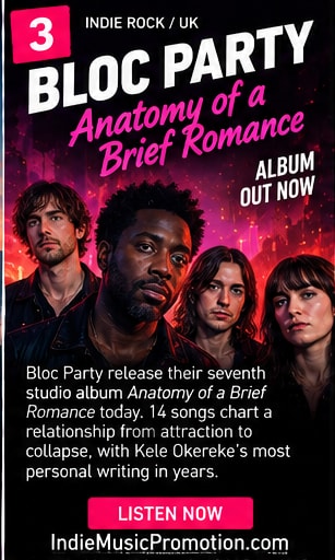 Bloc Party members posed in a vivid red and pink neon portrait.