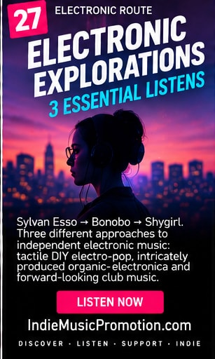 Electronic Explorations artwork showing a silhouetted listener above a neon city.