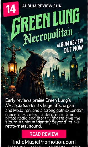 Green Lung review artwork showing a hooded figure, organ lanterns, and a gothic London skyline.