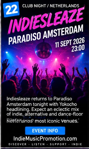 Indiesleaze dance floor at Paradiso Amsterdam with a glowing disco ball.