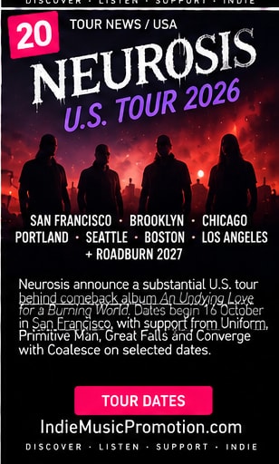 Neurosis silhouetted against red stage light in tour announcement artwork.