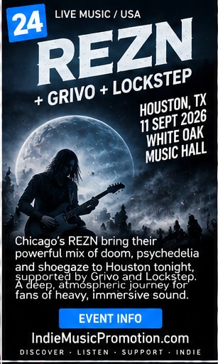 REZN performing in silhouette beneath a giant moon in a doomgaze live scene.