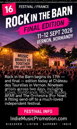 Rock in the Barn festival lights glowing around a rural Normandy venue at night.
