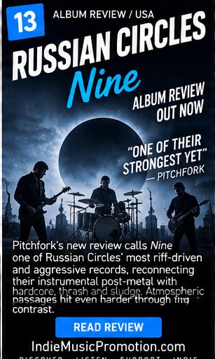 Russian Circles performing beneath a dark moon in the Nine album review artwork.