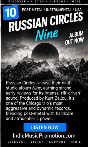 Russian Circles artwork showing a dark moon over a rugged mountain landscape.