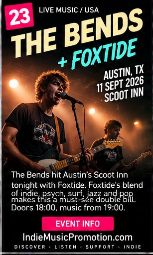 The Bends performing under warm stage lights in the Austin live-music artwork.