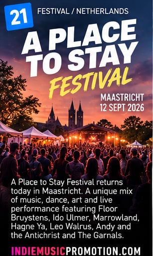 A Place to Stay Festival crowd and stage beneath the Maastricht skyline at sunset.