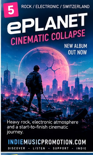 ePlanet Cinematic Collapse artwork showing a lone figure above a neon city and oversized moon.