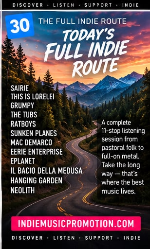 Full Indie Route artwork listing twelve artists on a road from pastoral folk to extreme metal.