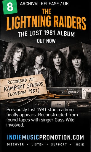 The Lightning Raiders lost 1981 album artwork showing the band, found tapes, and Ramport Studios notes.