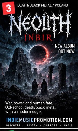 Neolith Inbir artwork showing ruined towers, a dark eclipse, and figures in a warlike landscape.