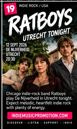 Ratboys performing in a sunlit outdoor portrait for their Utrecht show.