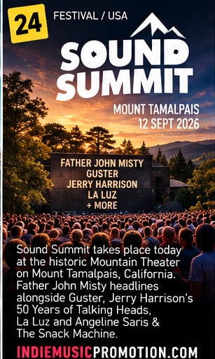 Sound Summit crowd beneath Mount Tamalpais at sunset with the Mountain Theater stage.