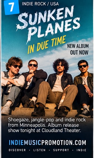 Sunken Planes band portrait for In Due Time, with four members seated beneath the album title.