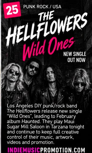 The Hellflowers in a monochrome band portrait for Wild Ones, with the single title in pink.