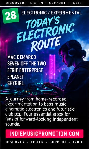 Electronic Route artwork showing a headphone listener, neon city, and four experimental recommendations.