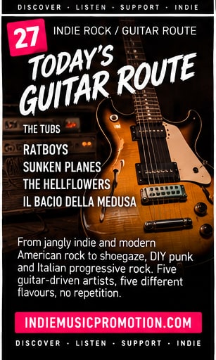 Guitar Route artwork showing an electric guitar and five recommended independent artists.