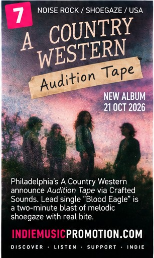 A Country Western band members in a field with album announcement details for Audition Tape.