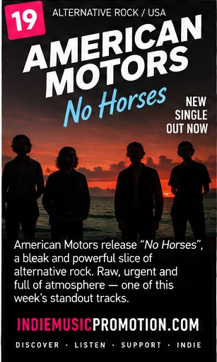 Silhouetted band members against a red evening sky for American Motors' No Horses.