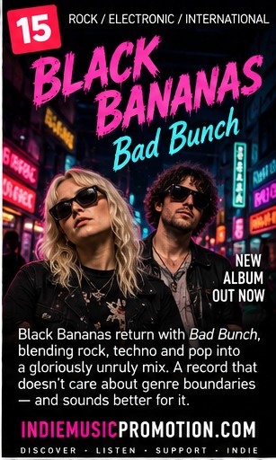 Black Bananas duo in sunglasses against a neon city backdrop for Bad Bunch.