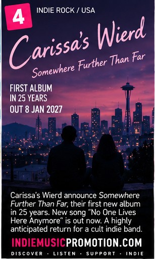 Carissa's Wierd artwork with silhouette figures against a twilight Seattle skyline for Somewhere Further Than Far.