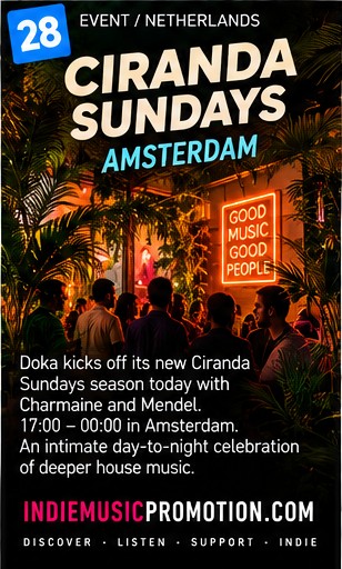 Crowd dancing under ambient red lighting with neon Good Music Good People sign at Doka Amsterdam.