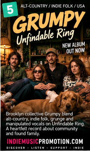 Grumpy collective seated in a cozy living room with their dog for Unfindable Ring.