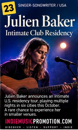 Julien Baker playing acoustic guitar under warm stage lighting for her club residency announcement.