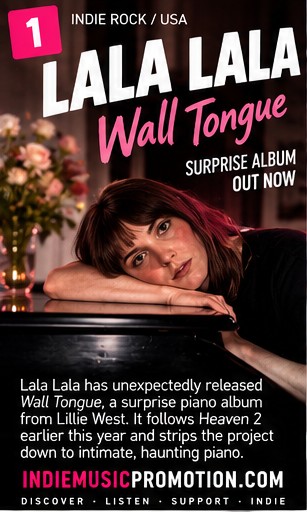Lala Lala Wall Tongue artwork featuring Lillie West at a piano with album announcement details.