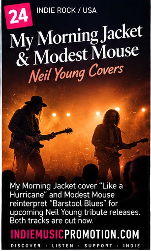 Guitarists performing under warm concert lighting for the Neil Young tribute releases.