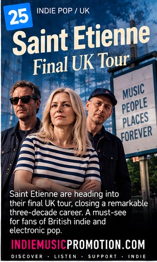 Sarah Cracknell, Bob Stanley, and Pete Wiggs of Saint Etienne outdoors for Final UK Tour.