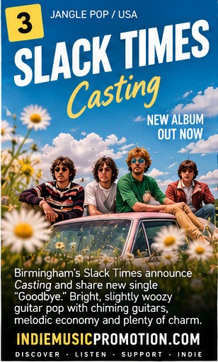 Slack Times band members posed by a vintage car in a sunny outdoor setting for Casting.