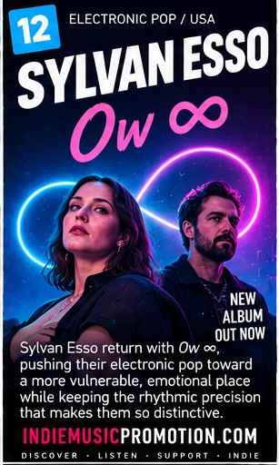 Sylvan Esso glowing with neon blue and purple infinity light artwork for Ow infinity.