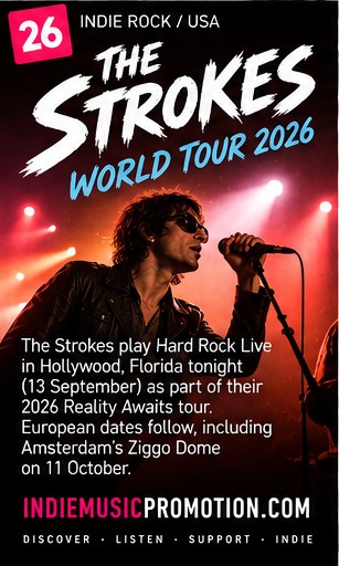 Julian Casablancas singing passionately under red concert lighting for The Strokes World Tour 2026.