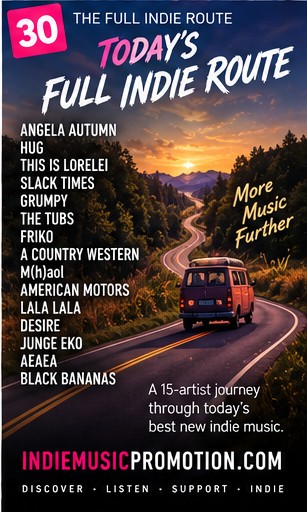 Van driving along a winding mountain highway at sunset for Today's Full Indie Route.