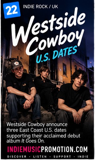 Westside Cowboy band members sitting on urban steps for their U.S. tour announcement.