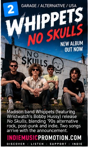 Whippets band members standing in front of street graffiti for No Skulls.