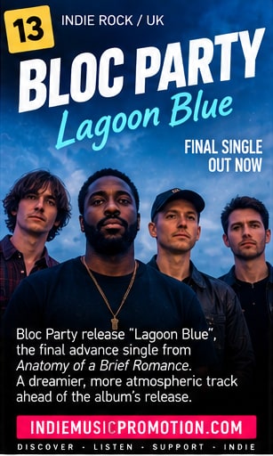 Bloc Party band portrait for advance single Lagoon Blue.