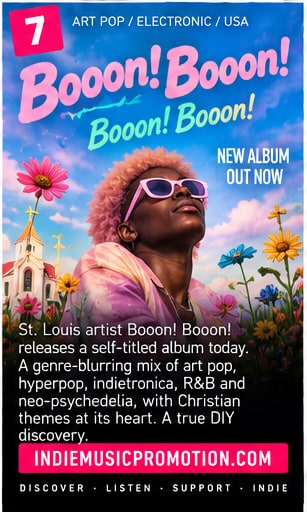 Booon! Booon! looking up in pink sunglasses against a church and floral backdrop.