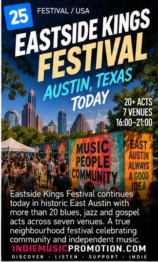 East Austin street mural and festival crowd celebrating the 13th annual Eastside Kings Festival on 12th and Chicon.