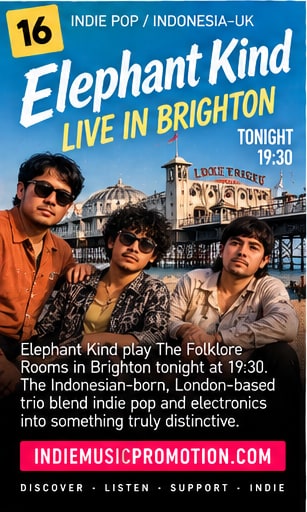 Elephant Kind trio on Brighton beachfront near the Palace Pier for their Folklore Rooms headline show.