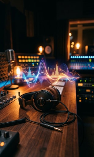Curated indie listening setup with studio headphones and glowing audio waveform spectrum.
