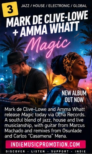 Mark de Clive-Lowe and Amma Whatt Magic artwork in vibrant neon blue and magenta lighting.