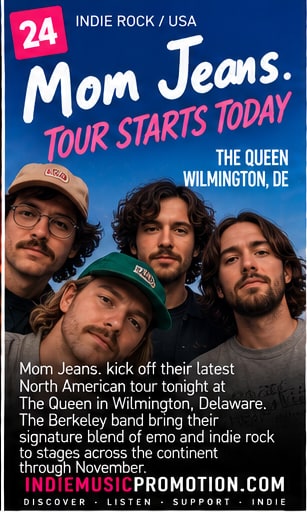 Mom Jeans band members outdoors in caps and casual wear kicking off their fall tour at The Queen.