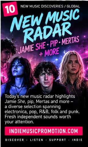 New Music Radar featuring portraits of Jamie She, pip, Mertas and emerging indie discoveries.