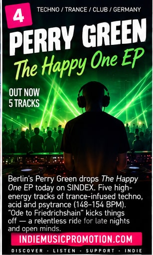 Perry Green silhouette with headphones amidst green laser beams in a Berlin club for The Happy One EP.